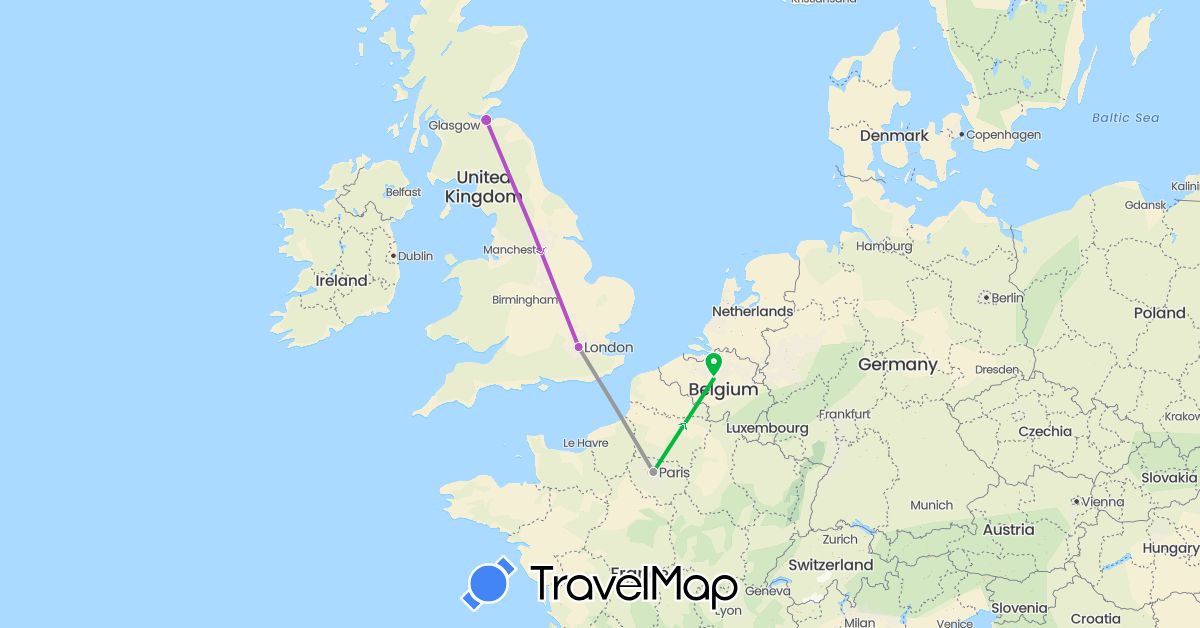 TravelMap itinerary: driving, bus, plane, train in Belgium, France, United Kingdom (Europe)